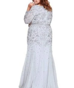 Shail K - Bedazzled Long Sleeve V-neck Trumpet Dress 12162W - 1 Pc Navy In Size 18W Available Formal Gowns