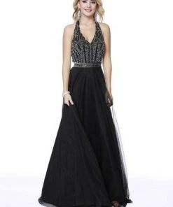 Shail K - Embellished Halter V-neck Tulle A-line Dress 12208 - 1 Pc Black In Size 8 Available