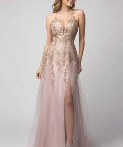 Shail K - Trailing Beaded Applique Lace Up Dress 936