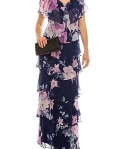 SLNY - 9171432 Floral Print V-neck Sheath Dress Formal Gowns