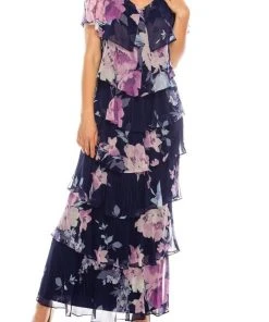 SLNY - 9171432 Floral Print V-neck Sheath Dress Formal Gowns