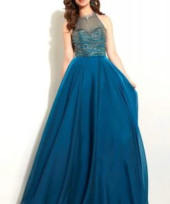 Formal Gowns Studio 17 - 12597 Bejeweled High Halter Neck Two Tone Chiffon A-line Dress