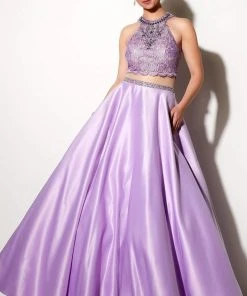Studio 17 - 12643 Two-piece Bead And Lace Embellished Halter Neck Satin Ball Gown Formal Gowns