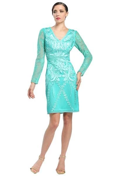 Sue Wong - Floral Embroidered Long Sleeve V-Neck Dress N4516 3 Sue Wong - Floral Embroidered Long Sleeve V-Neck Dress N4516