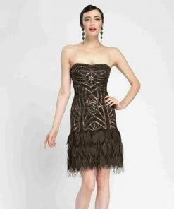 Sue Wong - N3449 Beaded Strapless Feather Cocktail Dress
