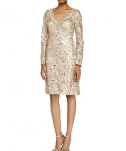 Sue Wong Sequined Paisley V-Neck Cocktail Dress N5115 - 2 Pcs Beige In Sizes 0 And 8 Available Cocktail Dresses