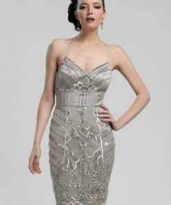 Sue Wong - V-neck Beaded Sheath Dress N3213 - 1 Pc Platinum In Size 6 Available Cocktail Dresses