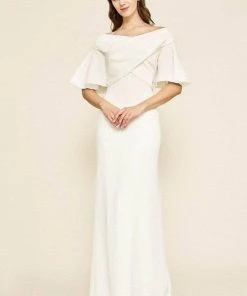 Formal Gowns Tadashi Shoji - ALG19141LBR Short Bell Sleeve Off-shoulder Long Gown - 1 Pc Ivory In Size 12 Available