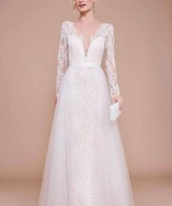 Formal Gowns Tadashi Shoji - BLB19630LBR Sheer Plunging V-neck Wedding Gown - 1 Pc Ivory/Petal In Size 6 Available