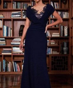 Tadashi Shoji - BOS20449L Illusion Neck Wrap Collar Long Sheath Dress - 3 Pc Navy In Size 4 And 6 Available Formal Gowns