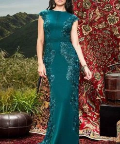 Formal Gowns Tadashi Shoji - Cap Sleeve Embroidery-Accented Long Dress BRX20625L - 1 Pc Malachite In Size 6 Available