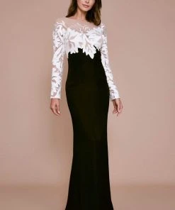 Tadashi Shoji - Embroidered Long Sleeve Sheath Evening Gown - 1 Pc Black/Nude In Size 4 And 1 Pc Ivory/Black In Size 8 Available