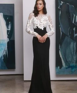 Tadashi Shoji - Embroidered Long Sleeve Sheath Evening Gown - 1 Pc Black/Nude In Size 4 And 1 Pc Ivory/Black In Size 8 Available