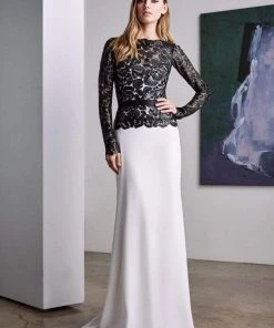 Formal Gowns Tadashi Shoji - Long Illusion Floral Lace Sheath Gown - 1 Pc Platinum/Navy In Size 6 Available