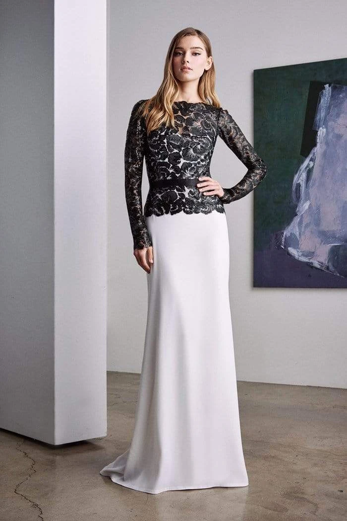 Formal Gowns Tadashi Shoji - Long Illusion Floral Lace Sheath Gown - 1 Pc Platinum/Navy In Size 6 Available 3 Formal Gowns Tadashi Shoji - Long Illusion Floral Lace Sheath Gown - 1 Pc Platinum/Navy In Size 6 Available