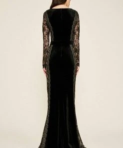 Tadashi Shoji - Molin Lace Long Sleeve Velvet A-line Evening Dress - 1 Pc Black/Nude In Size 00 Available Formal Gowns