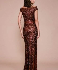 Formal Gowns Tadashi Shoji - Scalloped Off Shoulder Long Sequined Sheath Gown - 1 Pc Raisin/Nude In Size 16 Available