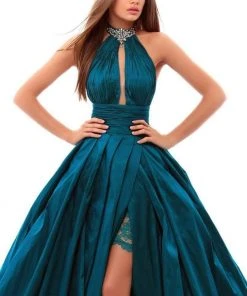 Tarik Ediz - 50213 High Halter Pleated Ballgown Overskirt Gown