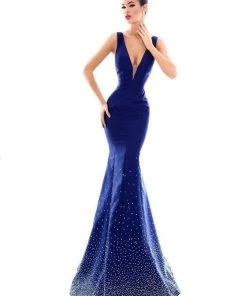 Formal Gowns Tarik Ediz - 50229 Crystal Embellished Deep V-neck Mermaid Dress