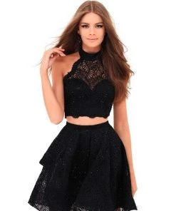 Cocktail Dresses Tarik Ediz - 50248 Two Piece High Halter Beaded Lace A-line Dress