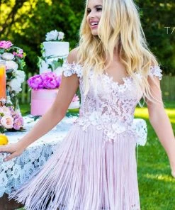 Tarik Ediz - 50256 Beaded Floral Off Shoulder Fringe Dress Cocktail Dresses