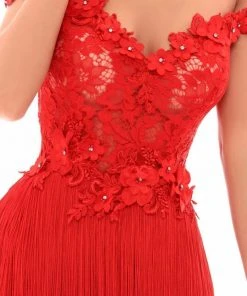 Tarik Ediz - 50256 Beaded Floral Off Shoulder Fringe Dress Cocktail Dresses