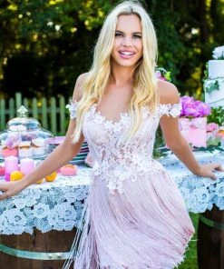 Tarik Ediz - 50256 Beaded Floral Off Shoulder Fringe Dress Cocktail Dresses