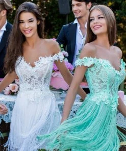 Tarik Ediz - 50256 Beaded Floral Off Shoulder Fringe Dress Cocktail Dresses