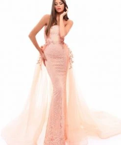 Formal Gowns Tarik Ediz - 50257 Floral Embroidered Strapless Tulle Overskirt Gown