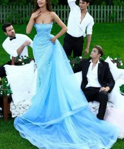 Formal Gowns Tarik Ediz - 50257 Floral Embroidered Strapless Tulle Overskirt Gown