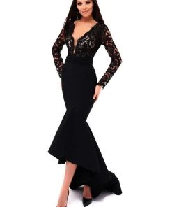 Tarik Ediz - 50303 Lacy Deep V-neck High Low Mermaid Gown Formal Gowns