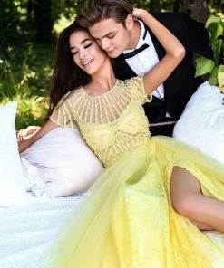 Tarik Ediz - 50317 Beaded Lace Sheer Slit Evening Gown Formal Gowns