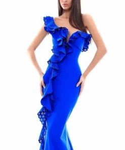 Tarik Ediz - 50333 Laser-Cut Plunging Ruffled Cascade Mermaid Gown