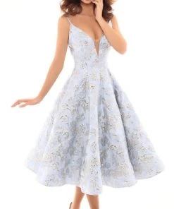 Tarik Ediz - 50400 Sleeveless V-neck Jacquard A-line Dress Plus Size Dresses