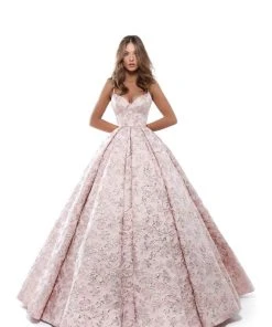 Formal Gowns Tarik Ediz - 50404 V-neck Jacquard Pleated Ballgown