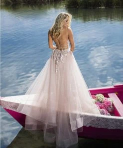 Formal Gowns Tarik Ediz - 50405 Plunging V Neck Lace Gown With Overskirt