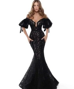 Formal Gowns Tarik Ediz - 50411 Puffed Sleeve Plunging Off Shoulder Lace Gown