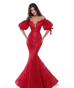 Formal Gowns Tarik Ediz - 50411 Puffed Sleeve Plunging Off Shoulder Lace Gown 9 Formal Gowns Tarik Ediz - 50411 Puffed Sleeve Plunging Off Shoulder Lace Gown