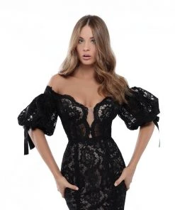 Formal Gowns Tarik Ediz - 50411 Puffed Sleeve Plunging Off Shoulder Lace Gown 8 Formal Gowns Tarik Ediz - 50411 Puffed Sleeve Plunging Off Shoulder Lace Gown