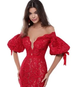 Formal Gowns Tarik Ediz - 50411 Puffed Sleeve Plunging Off Shoulder Lace Gown 10 Formal Gowns Tarik Ediz - 50411 Puffed Sleeve Plunging Off Shoulder Lace Gown