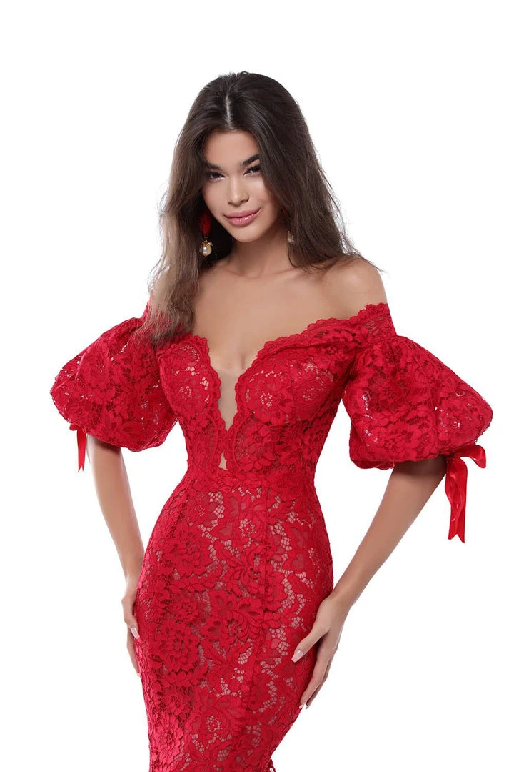 Formal Gowns Tarik Ediz - 50411 Puffed Sleeve Plunging Off Shoulder Lace Gown 6 Formal Gowns Tarik Ediz - 50411 Puffed Sleeve Plunging Off Shoulder Lace Gown