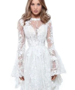 Tarik Ediz - 50417 Floral Embroidered Long Bell Sleeve A-line Dress Cocktail Dresses