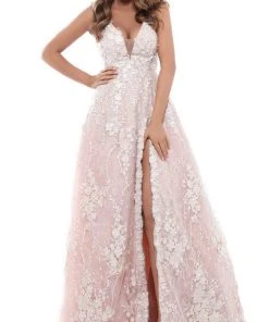 Formal Gowns Tarik Ediz - 50418 Floral Lace Deep V-neck A-line Dress