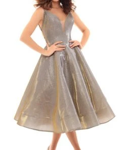 Tarik Ediz - 50425 Deep V-neck A-line Dress With Lace Up Back Cocktail Dresses