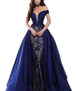Tarik Ediz - 50426 Floral Lace Deep Off-Shoulder Gown With Overskirt Formal Gowns