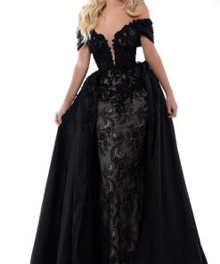 Tarik Ediz - 50429 Plunging Off-Shoulder Lace Sheath Dress With Train