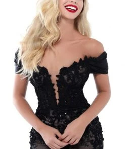 Tarik Ediz - 50429 Plunging Off-Shoulder Lace Sheath Dress With Train 9 Tarik Ediz - 50429 Plunging Off-Shoulder Lace Sheath Dress With Train