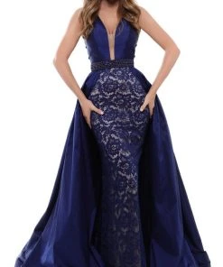 Formal Gowns Tarik Ediz - 50430 Embellished Deep V-neck Lace Dress With Overskirt