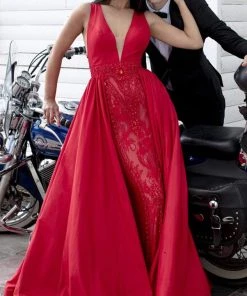 Tarik Ediz - 50431 Embroidered Deep V-neck Dress With Overskirt 13 Tarik Ediz - 50431 Embroidered Deep V-neck Dress With Overskirt