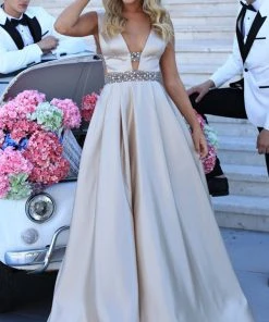 Formal Gowns Tarik Ediz - 50432 Embellished Deep V-neck Ballgown